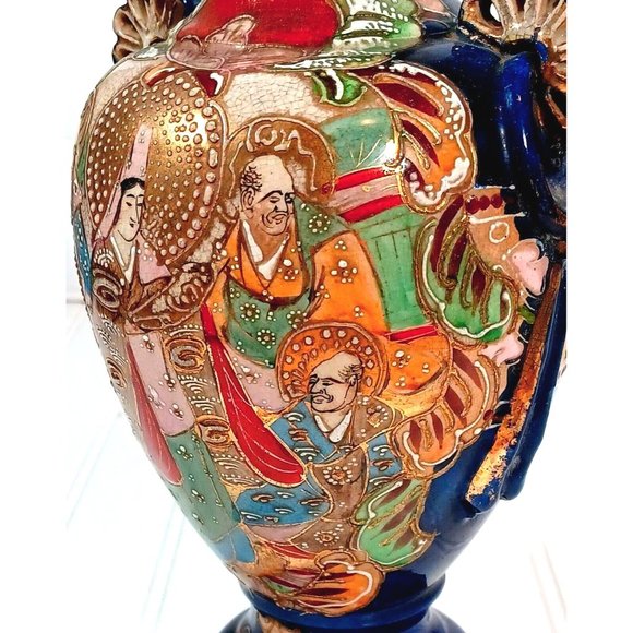 Antique Famille Immortals Japanese Satsuma Moriage Cobalt Blue Vase 12" Vintage - Picture 6 of 9